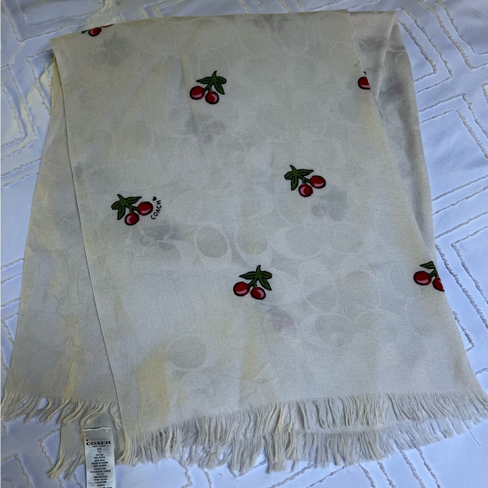Coach Signature Cherries Print Wrap Scarf Wool & Silk Cream Color